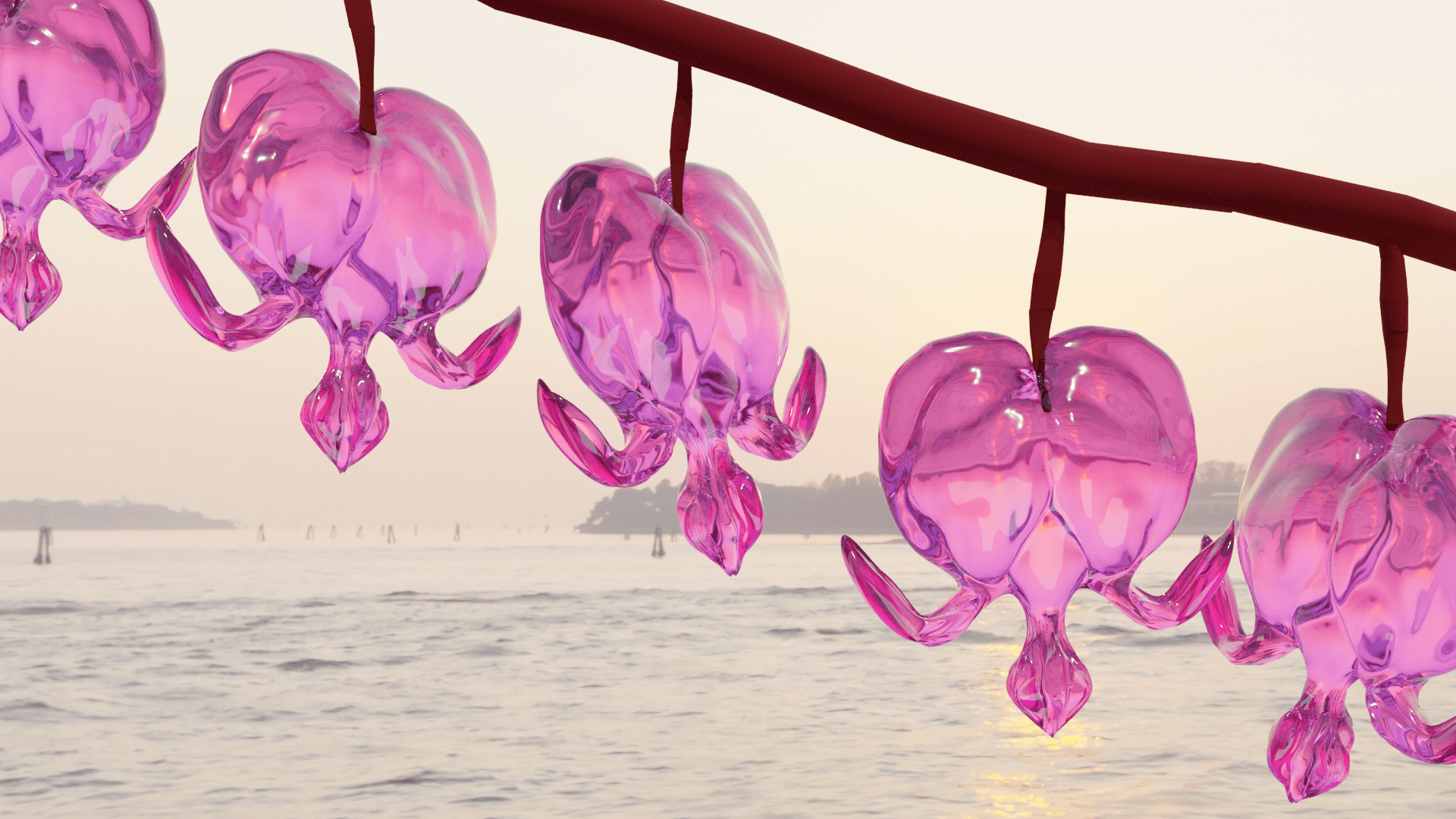 Clear pink bleeding heart flowers with a waterfront view in the background
