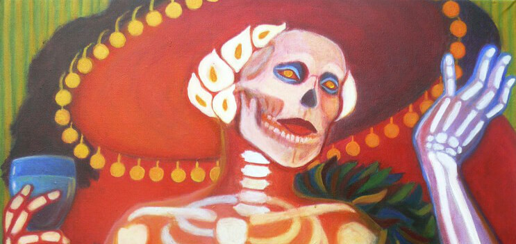 close up detail of La Catrina's face and hands