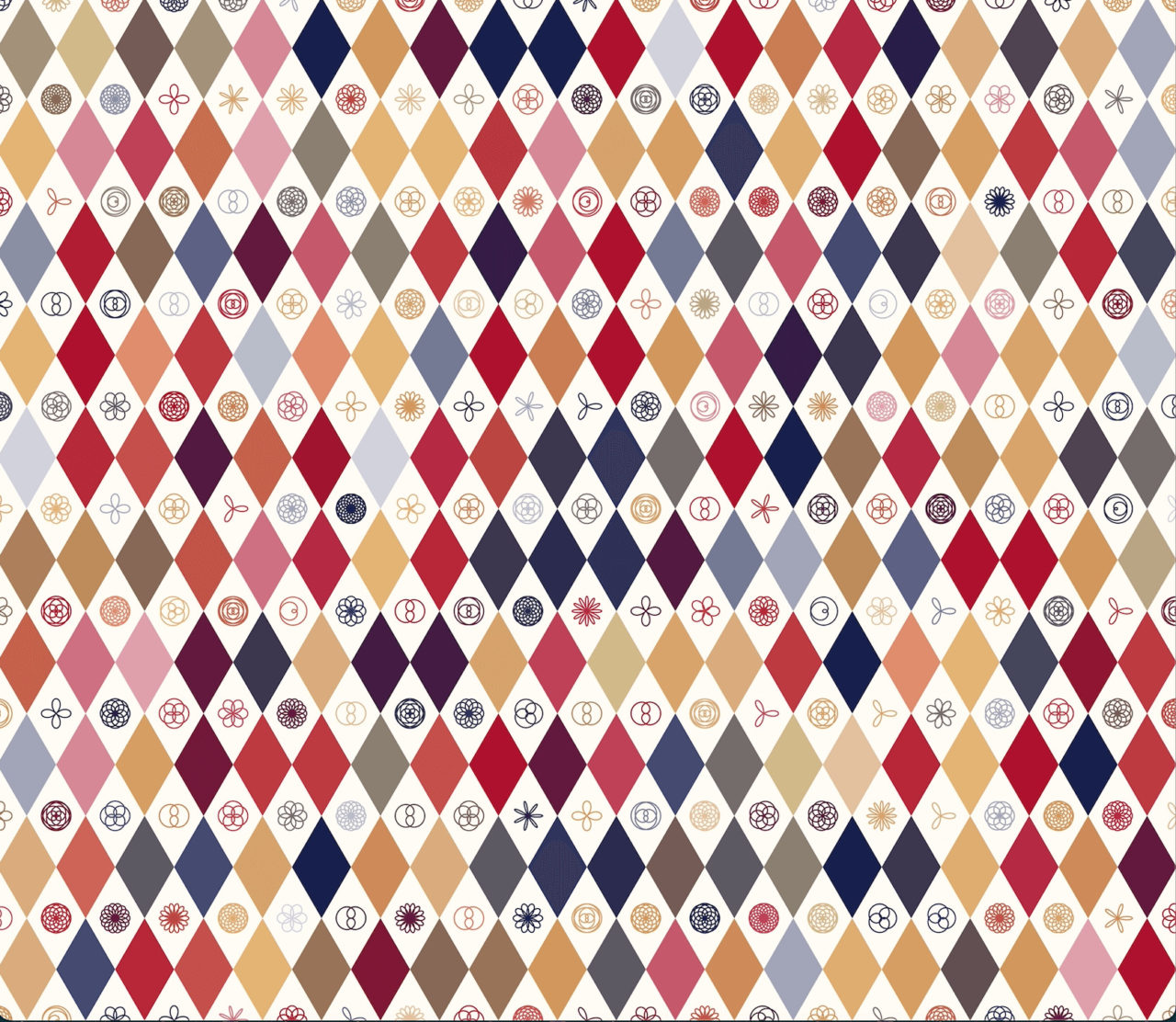 Multicolor harlequin diamond pattern with repeating rosette designs