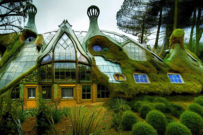 a home with a glass exterior and green plants growing on the sides