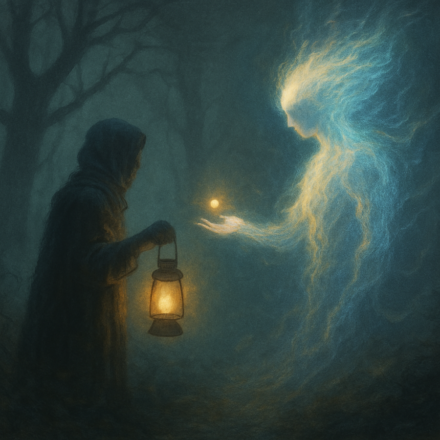 Two figures interacting. One in a cloak with a lantern. The other offering a shining gold object.