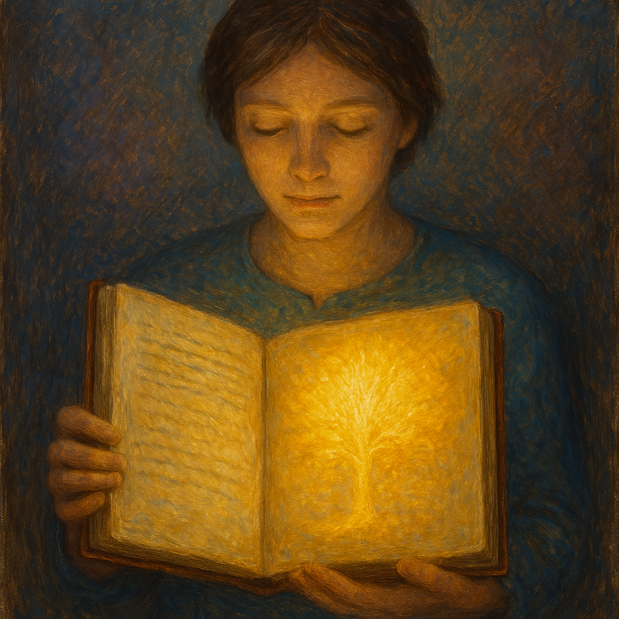 AI Self Portrait called Becoming the Scribe of a person holding a book with a glowing image of a tree in it